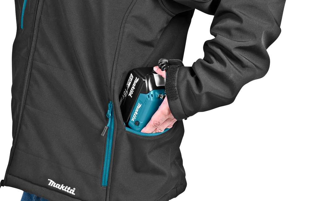 Veste chauffante noire Makita DCJ205ZM taille M montrant la poche batterie latérale