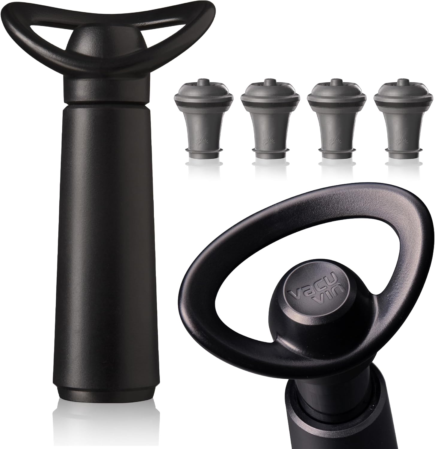 Vacu Vin Concerto 09874606, pompe à vide noire avec quatre bouchons pour bouteille de vin